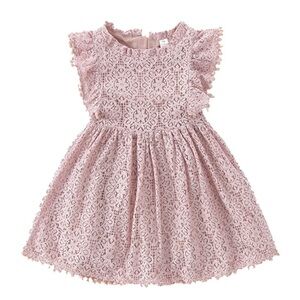 Baby Girl Pink Lace Dress with Pom Pom Trim Pink Easter dress- Size 6 months